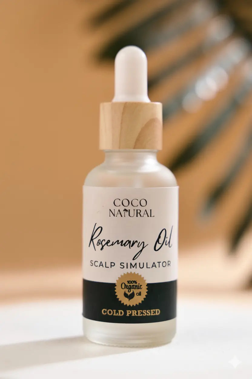 Bottle of Coco Natural Rosemary Oil Scalp Simulator with a blurred background